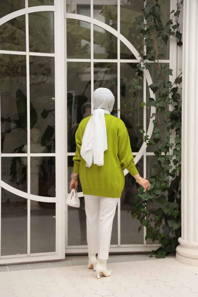 Çizgi Detaylı Fıstık Yeşili Tesettür Triko Kazak Tunik 30661FY - 4