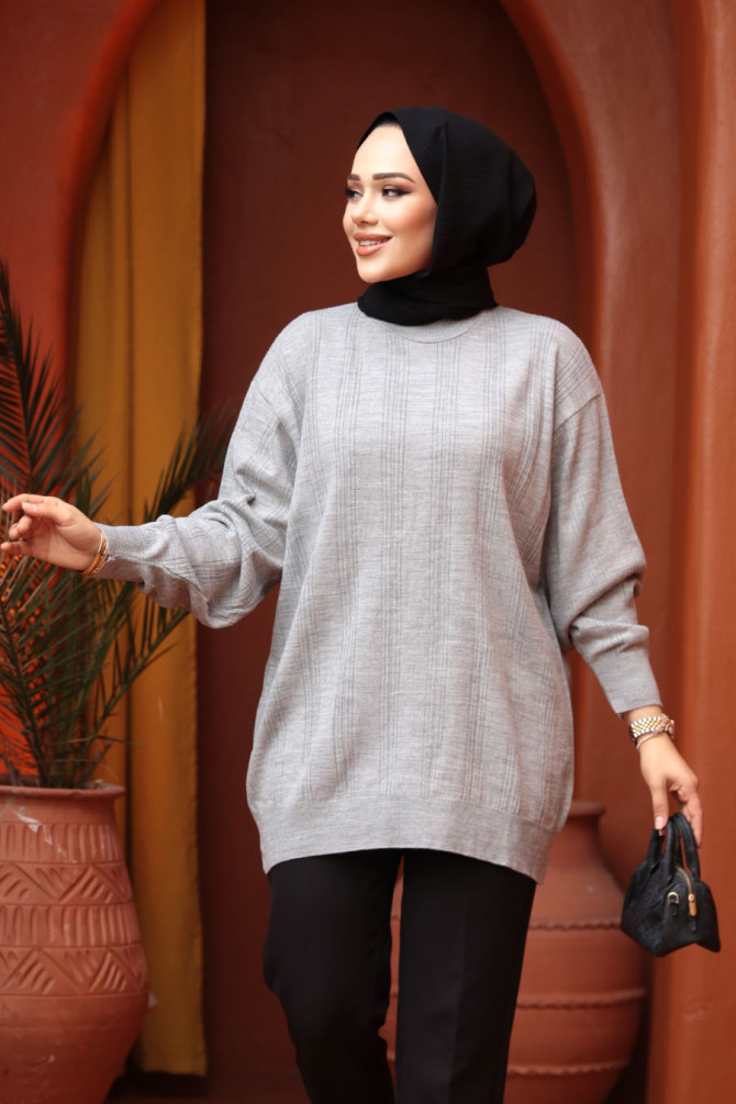 Çizgi Detaylı Gri Tesettür Triko Kazak Tunik 30661GR - 1