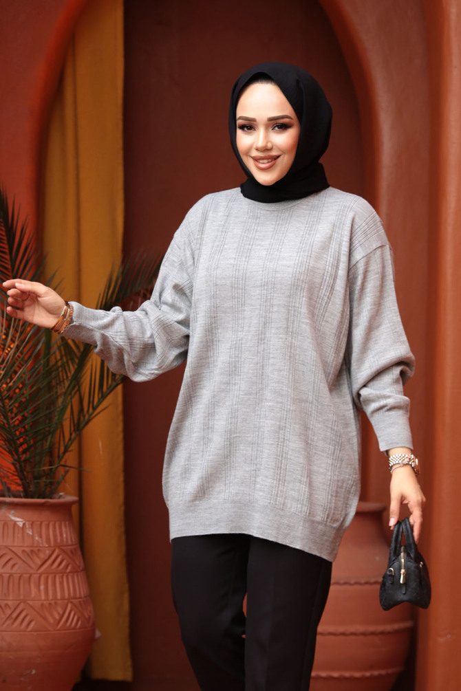 Çizgi Detaylı Gri Tesettür Triko Kazak Tunik 30661GR - 2