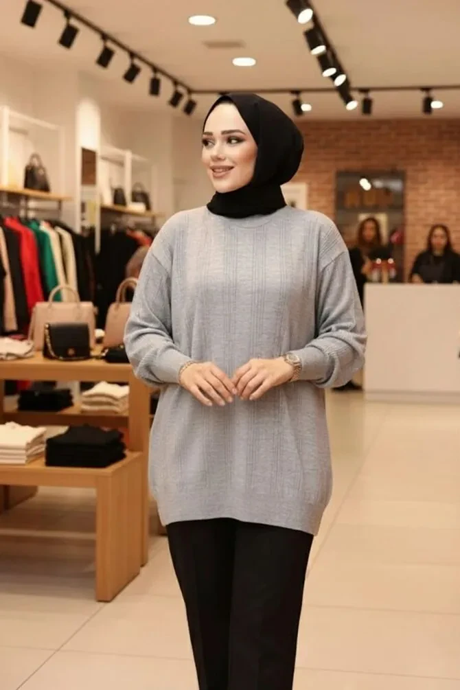Çizgi Detaylı Gri Tesettür Triko Kazak Tunik 30661GR - 1
