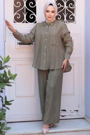 Çizgi Detaylı Haki Tesettür İkili Takım 32336HK 