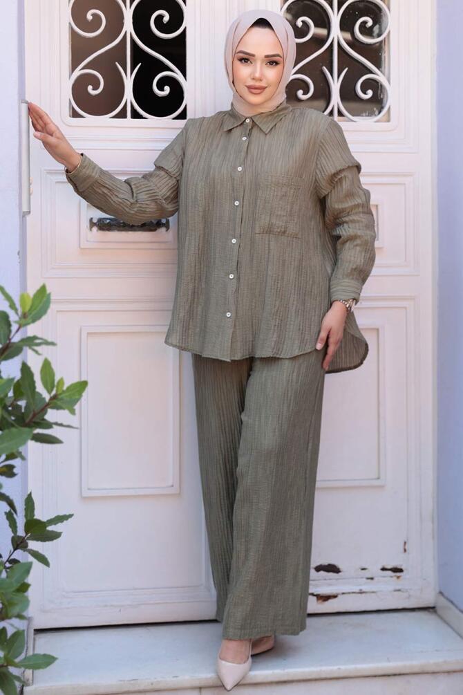 Çizgi Detaylı Haki Tesettür İkili Takım 32336HK - 1
