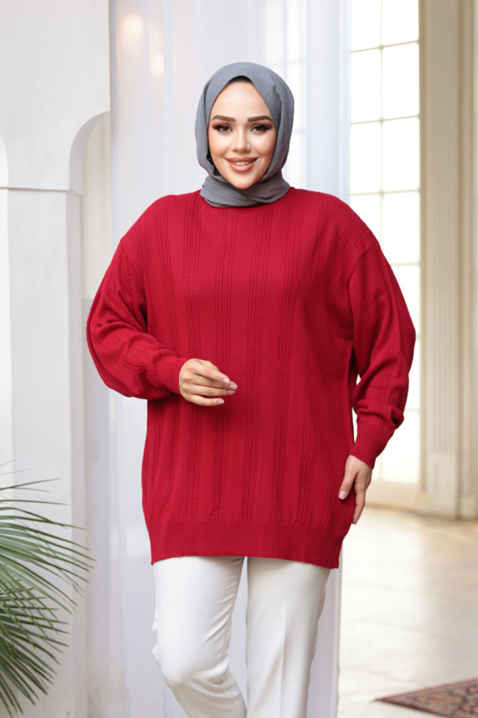 Çizgi Detaylı Kırmızı Tesettür Triko Kazak Tunik 30661K - N.S NEVA STYLE