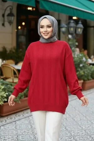 Çizgi Detaylı Kırmızı Tesettür Triko Kazak Tunik 30661K 