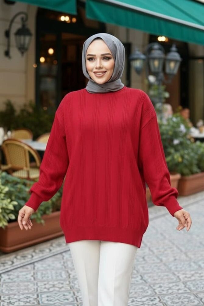 Çizgi Detaylı Kırmızı Tesettür Triko Kazak Tunik 30661K - 1