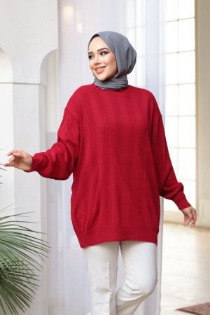 Çizgi Detaylı Kırmızı Tesettür Triko Kazak Tunik 30661K - 2