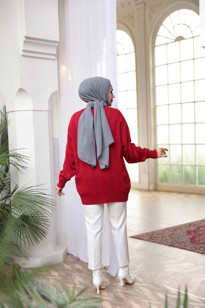 Çizgi Detaylı Kırmızı Tesettür Triko Kazak Tunik 30661K - 3