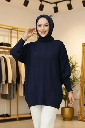 Çizgi Detaylı Lacivert Tesettür Triko Kazak Tunik 30661L 