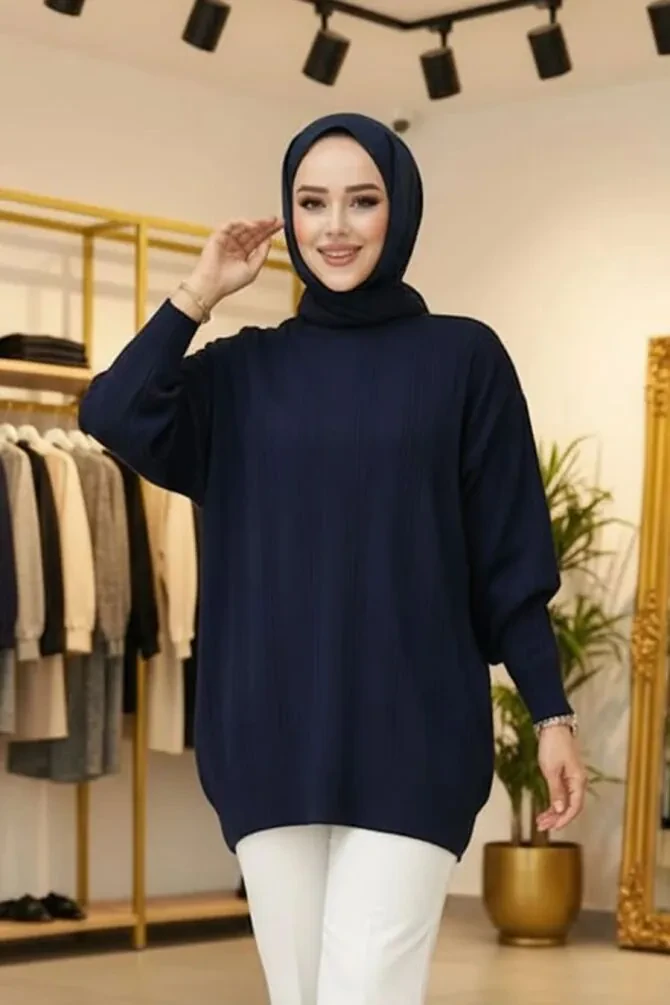 Çizgi Detaylı Lacivert Tesettür Triko Kazak Tunik 30661L - 1