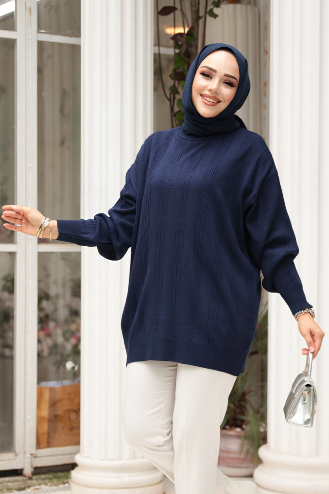 Çizgi Detaylı Lacivert Tesettür Triko Kazak Tunik 30661L - 2