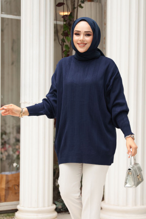 Çizgi Detaylı Lacivert Tesettür Triko Kazak Tunik 30661L - 3