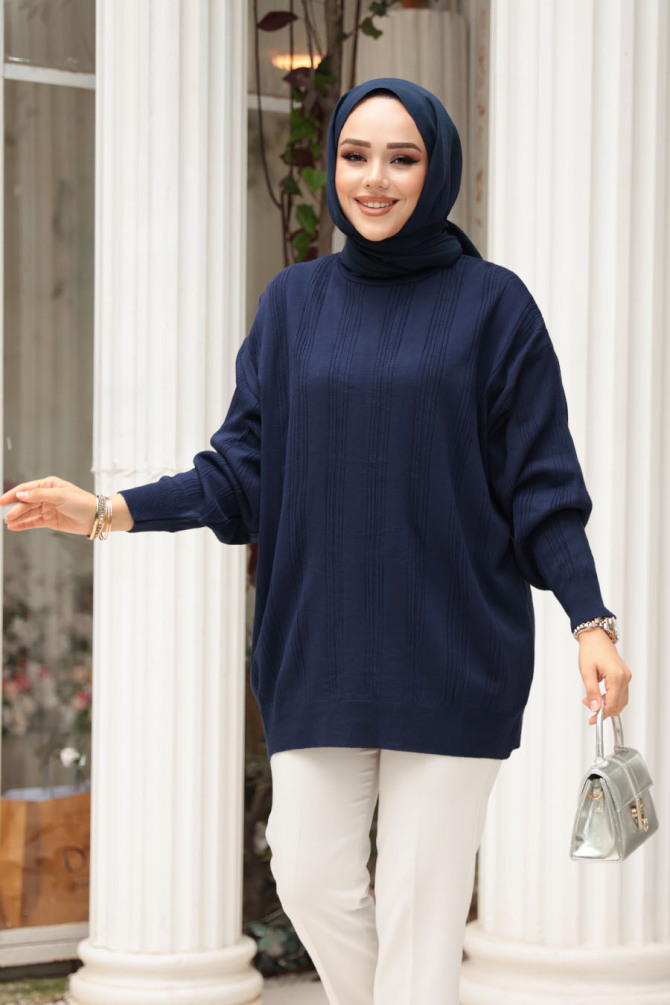 Çizgi Detaylı Lacivert Tesettür Triko Kazak Tunik 30661L - 3
