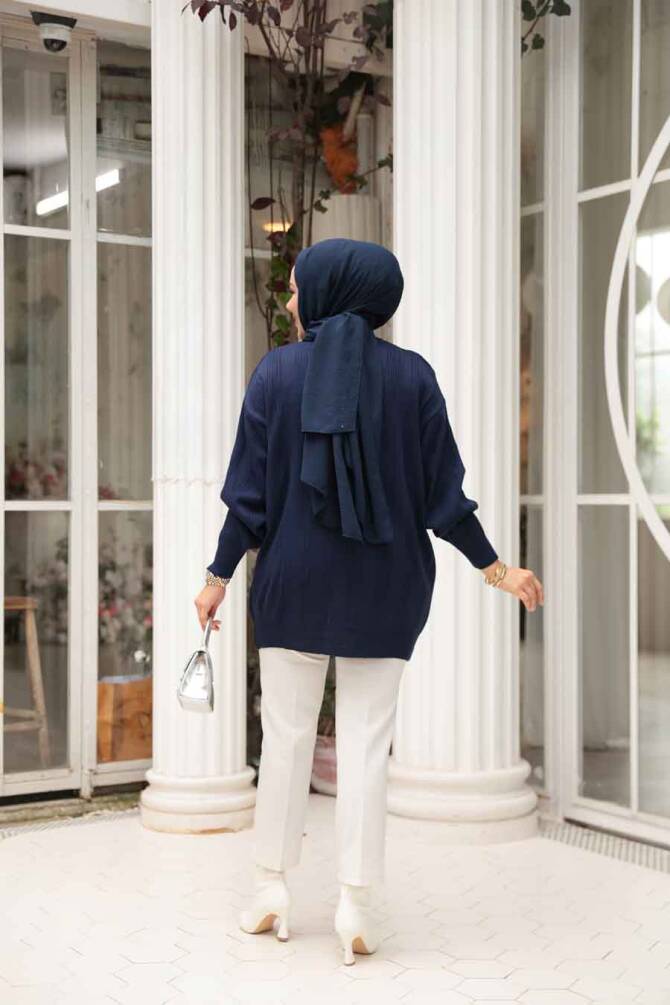 Çizgi Detaylı Lacivert Tesettür Triko Kazak Tunik 30661L - 4