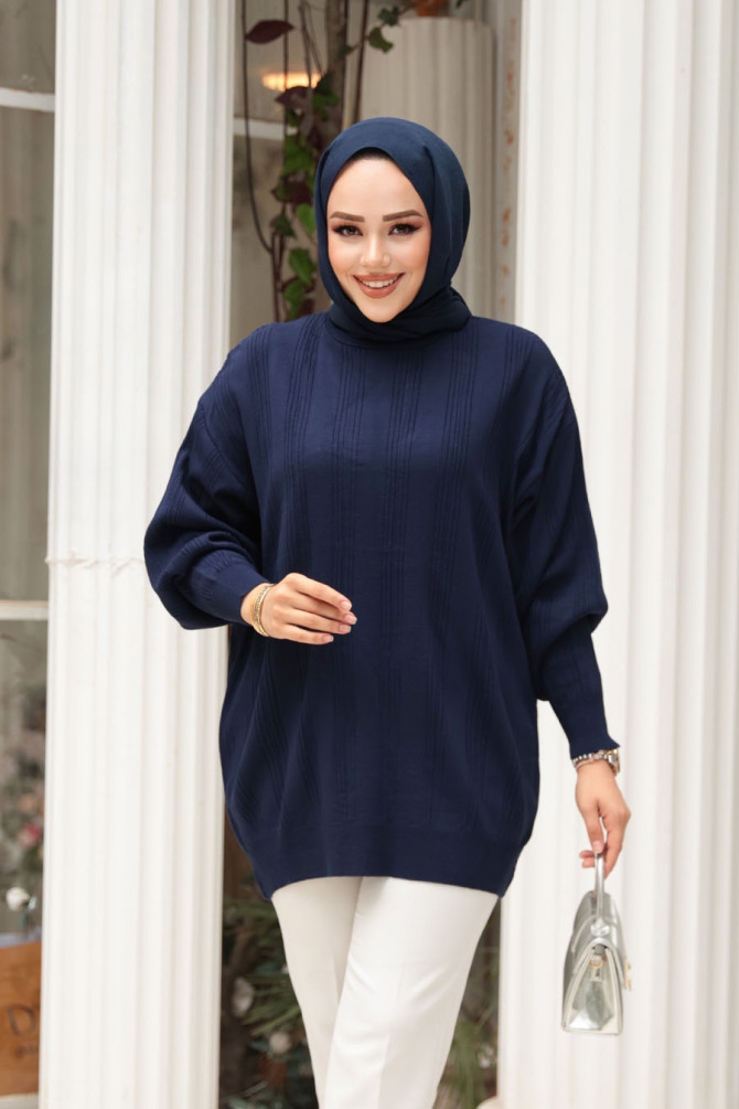 Çizgi Detaylı Lacivert Tesettür Triko Kazak Tunik 30661L - N.S NEVA STYLE