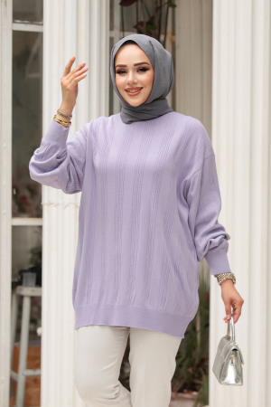 Çizgi Detaylı Lila Tesettür Triko Kazak Tunik 30661LILA 