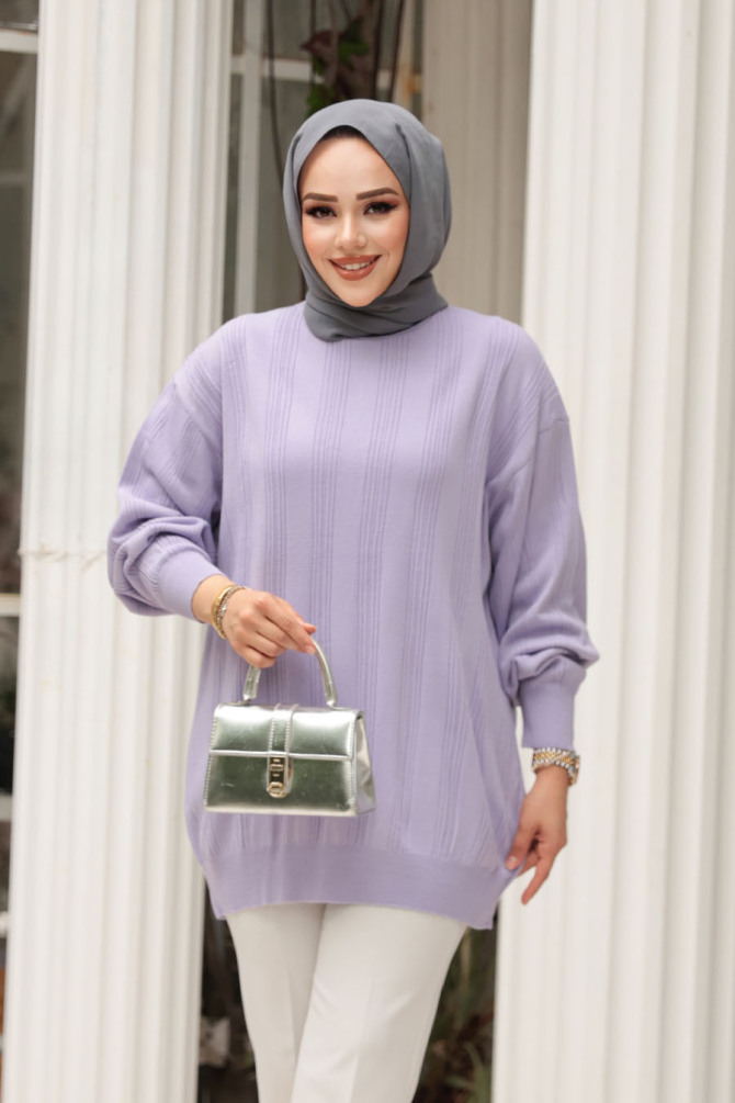 Çizgi Detaylı Lila Tesettür Triko Kazak Tunik 30661LILA - 2