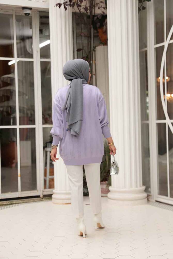 Çizgi Detaylı Lila Tesettür Triko Kazak Tunik 30661LILA - 3