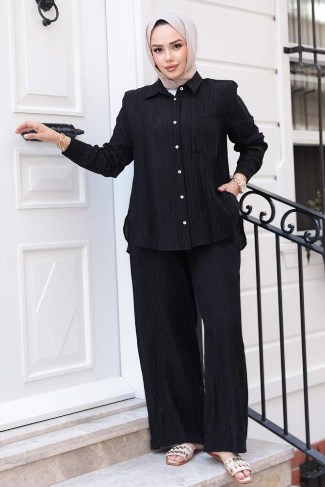 Çizgi Detaylı Siyah Tesettür İkili Takım 32336S - 4