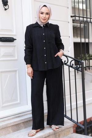 Çizgi Detaylı Siyah Tesettür İkili Takım 32336S - 2