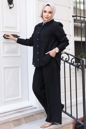 Çizgi Detaylı Siyah Tesettür İkili Takım 32336S - 1
