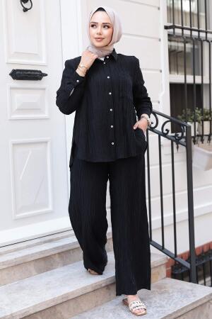 Çizgi Detaylı Siyah Tesettür İkili Takım 32336S - 3