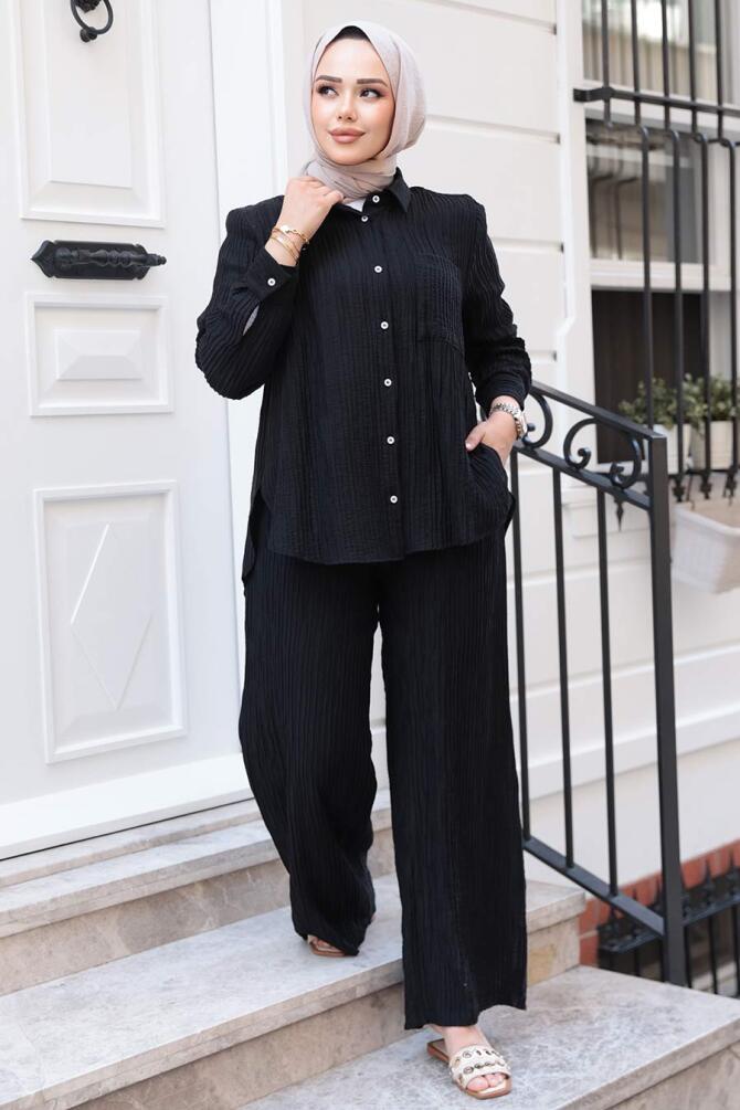 Çizgi Detaylı Siyah Tesettür İkili Takım 32336S - 3