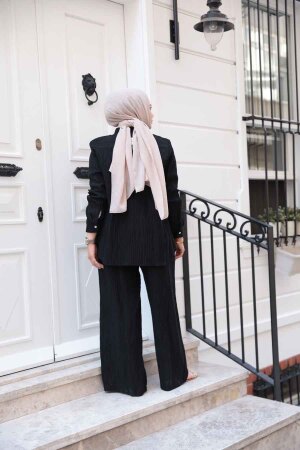 Çizgi Detaylı Siyah Tesettür İkili Takım 32336S - 5