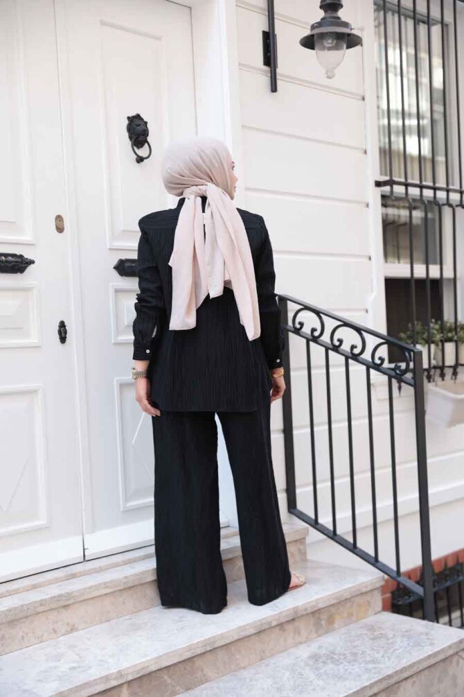 Çizgi Detaylı Siyah Tesettür İkili Takım 32336S - 5