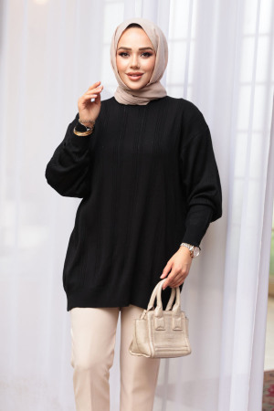 Çizgi Detaylı Siyah Tesettür Triko Kazak Tunik 30661S - 2