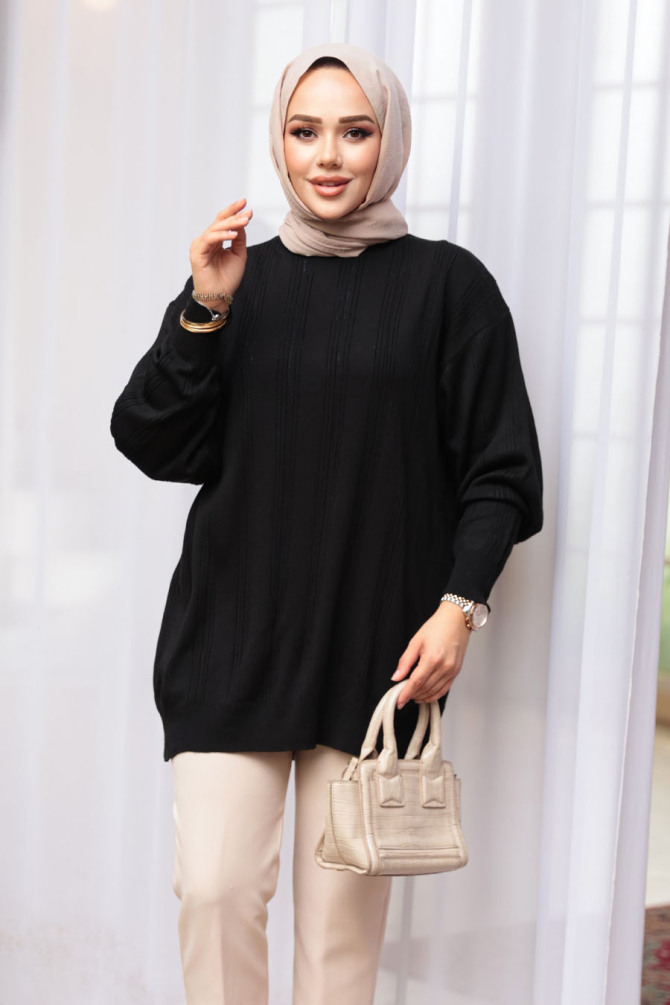 Çizgi Detaylı Siyah Tesettür Triko Kazak Tunik 30661S - 2