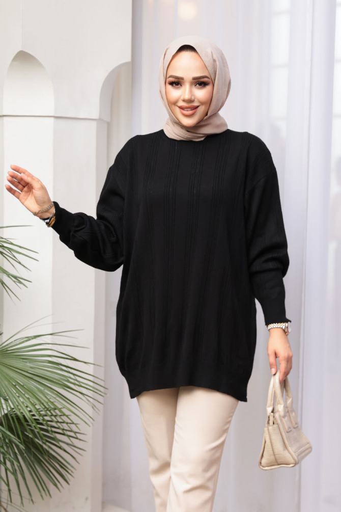 Çizgi Detaylı Siyah Tesettür Triko Kazak Tunik 30661S - 1