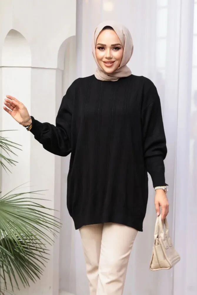 Çizgi Detaylı Siyah Tesettür Triko Kazak Tunik 30661S - 1