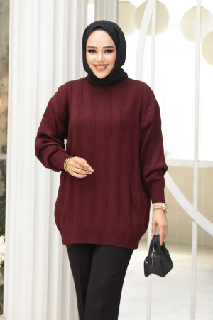 Çizgi Detaylı Vişne Tesettür Triko Kazak Tunik 30661VSN - 2