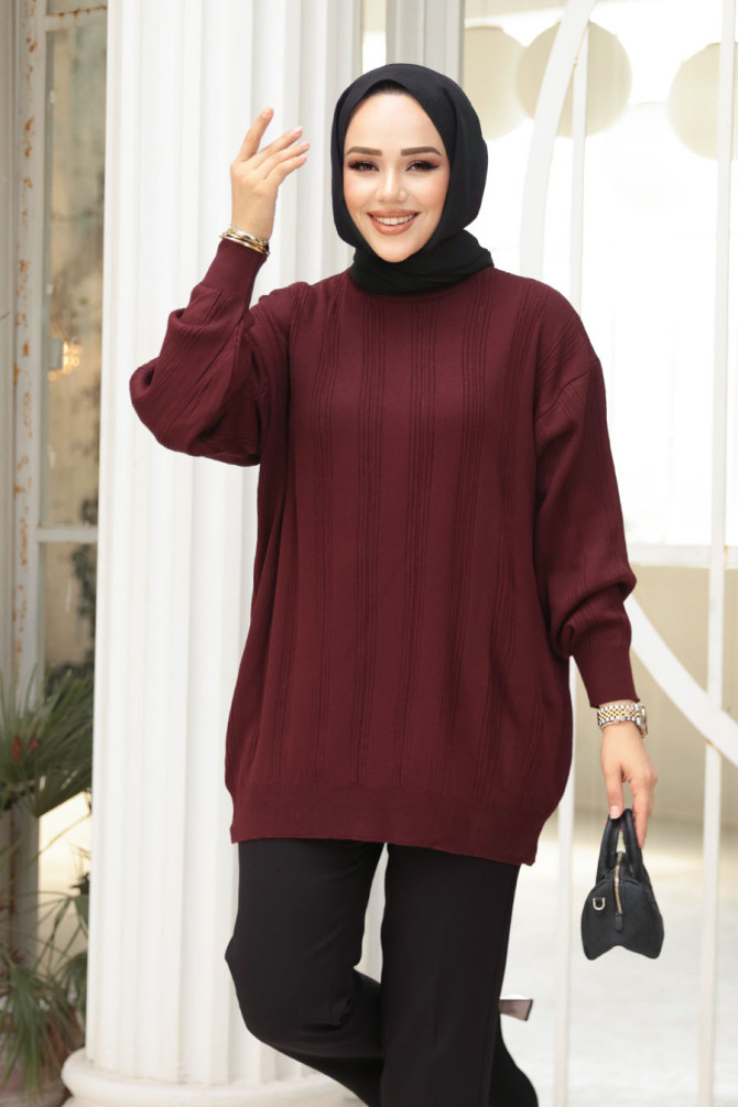 Çizgi Detaylı Vişne Tesettür Triko Kazak Tunik 30661VSN - 3