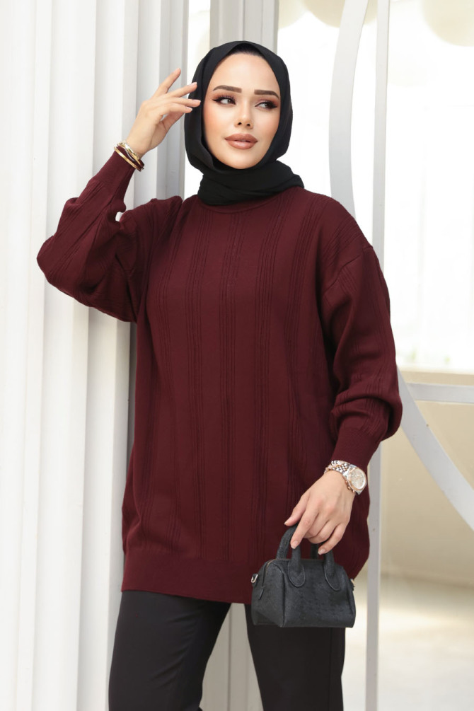 Çizgi Detaylı Vişne Tesettür Triko Kazak Tunik 30661VSN - 1