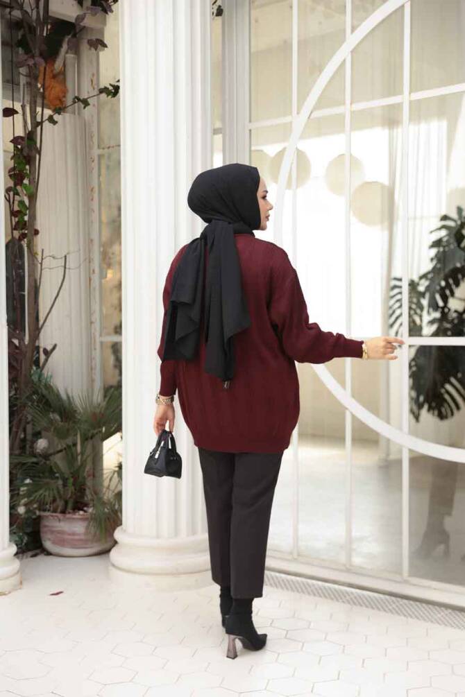 Çizgi Detaylı Vişne Tesettür Triko Kazak Tunik 30661VSN - 4