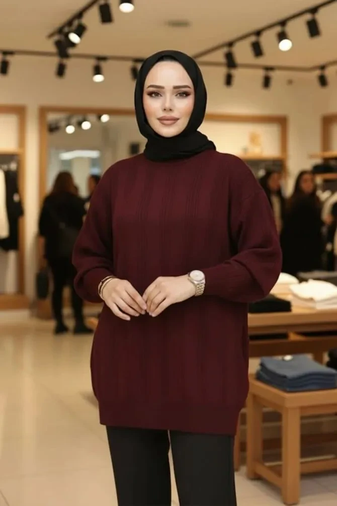 Çizgi Detaylı Vişne Tesettür Triko Kazak Tunik 30661VSN - 1