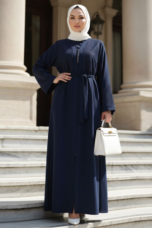 Çizgi Taşlı Fermuarlı Lacivert Tesettür Abaya 29133L - 1