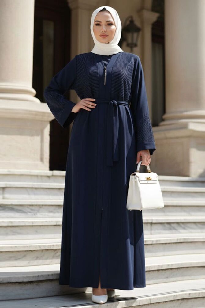 Çizgi Taşlı Fermuarlı Lacivert Tesettür Abaya 29133L - 1