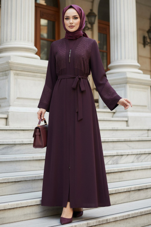 Çizgi Taşlı Fermuarlı Mor Tesettür Abaya 29133MOR 