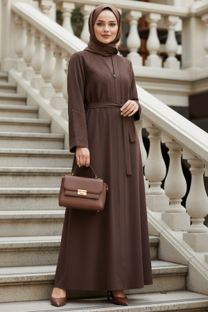 Çizgi Taşlı Fermuarlı Vizon Tesettür Abaya 29133V 