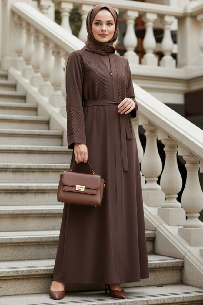 Çizgi Taşlı Fermuarlı Vizon Tesettür Abaya 29133V - 1