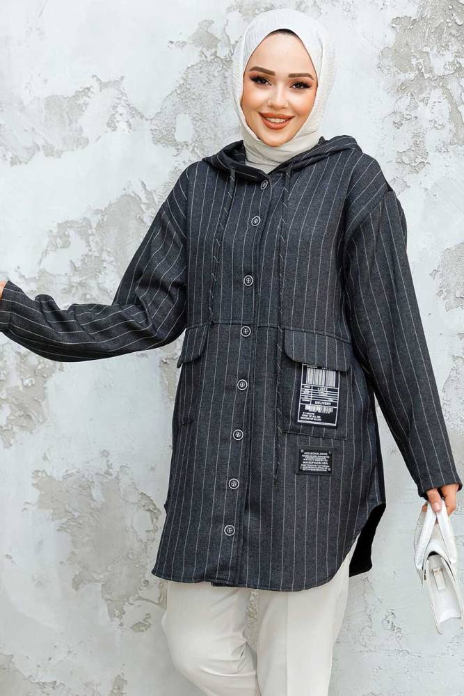 Çizgili Antrasit Tesettür Puane Tunik 10551ANT - NEVA STYLE