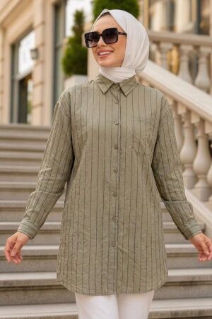 Çizgili Bambu Açık Haki Tesettür Gömlek 15587AHK - 1