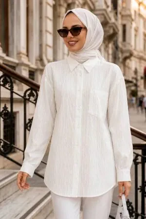 Çizgili Bambu Ekru Tesettür Gömlek 15587E 