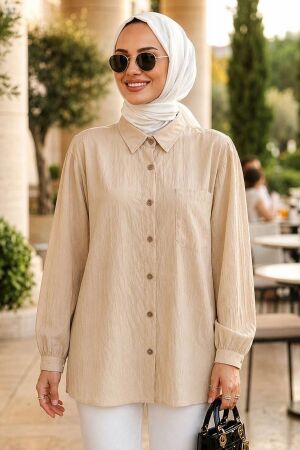 Çizgili Bambu Taş Tesettür Gömlek 15587TAS 