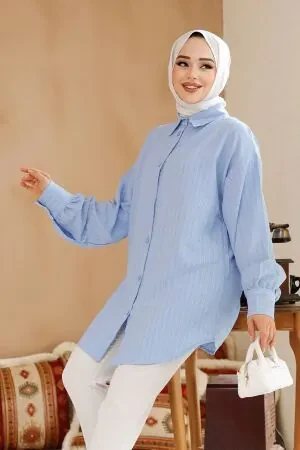 Çizgili Bebek Mavisi Tesettür Gömlek 30702BM 