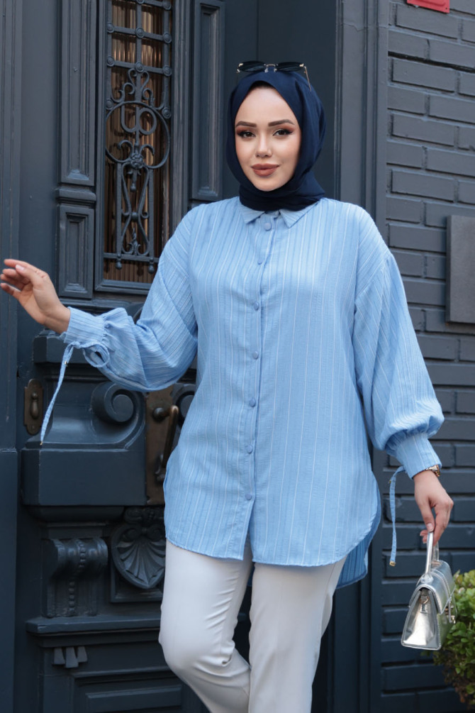 Çizgili Bebek Mavisi Tesettür Tunik 101016BM - 3