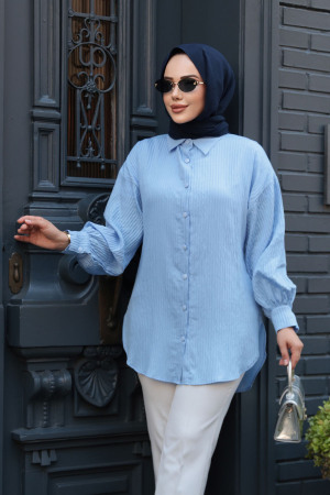 Çizgili Bebek Mavisi Tesettür Tunik 101024BM - 2