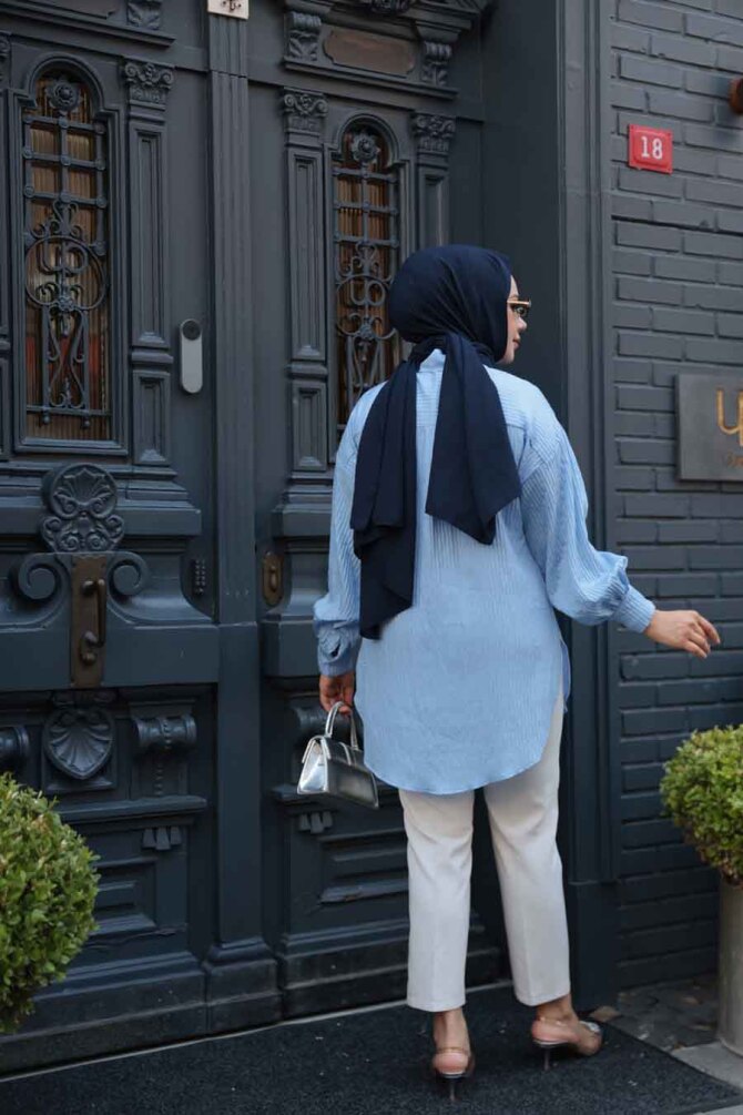 Çizgili Bebek Mavisi Tesettür Tunik 101024BM - 3